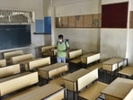 Cleaning and sanitising process at a Mumbai school.(Satyabrata Tripathy/HT Photo) Cleaning and sanitising process at a Mumbai school.(Satyabrata Tripathy/HT Photo)