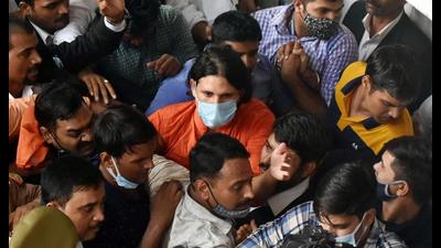 Anand Giri, prime accused in Mahant Narendra Giri death case, being produced in the District Court, in Prayagraj recently. (ANI Photo) Anand Giri, prime accused in Mahant Narendra Giri death case, being produced in the District Court, in Prayagraj recently. (ANI Photo)