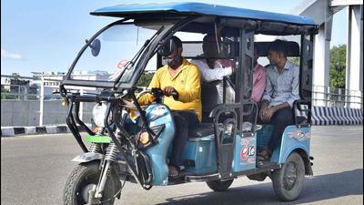 Registered electric rickshaws are issued a green number plate in Ludhiana. (Gurpreet Singh/HT)