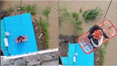A helicopter can be airlifting a person from the rooftop of the makeshift hut in Poharegaon village in Latur. (Twitter / @IAF_MCC) A helicopter can be airlifting a person from the rooftop of the makeshift hut in Poharegaon village in Latur. (Twitter / @IAF_MCC)