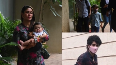 Kareena Kapoor, Taimur Ali Khan, Ibrahim Ali Khan and Jeh make their way to Inaaya's birthday party. (Varinder Chawla) Kareena Kapoor, Taimur Ali Khan, Ibrahim Ali Khan and Jeh make their way to Inaaya's birthday party. (Varinder Chawla)