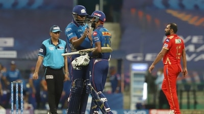 IPL 2021: Hardik Pandya and Kieron Pollard of Mumbai Indians greet each other (PTI) IPL 2021: Hardik Pandya and Kieron Pollard of Mumbai Indians greet each other (PTI)