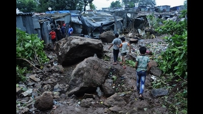 Landslide occurred in Ulhasnagar on Wednesday as a portion of a safety wall subsided on three houses. The residents were rescued. (For representational purposes only) (PRAFUL GANGURDE/HT FILE PHOTO)