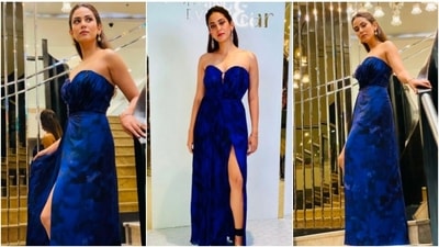 Recently, Mira Rajput was spotted wearing a long, thigh-high slit royal blue dress which she picked from the shelves of SAAKSHA & KINNI. (Instagram/@elevate_promotions) Recently, Mira Rajput was spotted wearing a long, thigh-high slit royal blue dress which she picked from the shelves of SAAKSHA & KINNI. (Instagram/@elevate_promotions)