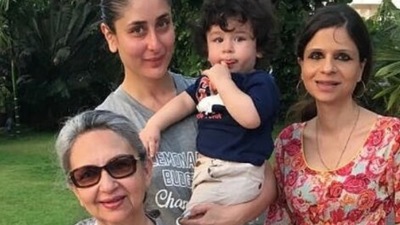 Saba Ali Khan poses with her mother Sharmila Tagore, sister-in-law Kareena Kapoor, and nephew Taimur Ali Khan.