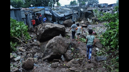 Landslide occurred in Ulhasnagar on Wednesday as a portion of a safety wall subsided on three houses. The residents were rescued. (For representational purposes only) (PRAFUL GANGURDE/HT FILE PHOTO)