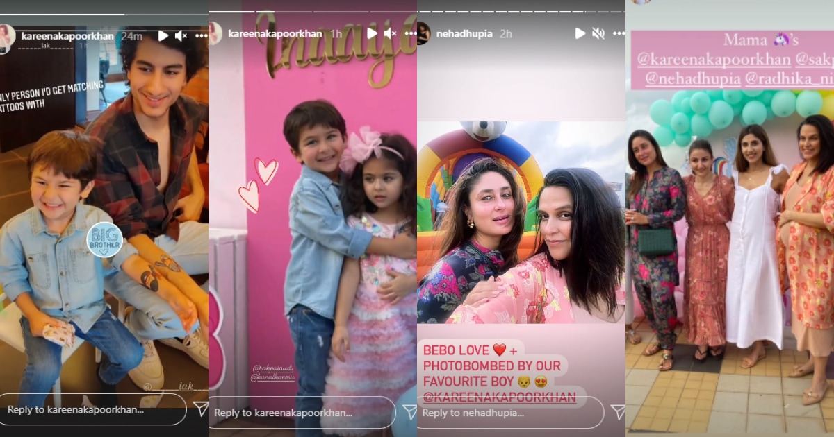 From left: Taimur and Ibrahim Ali Khan get matching tattoos, Taimur hugs Inaaya, Kareena Kapoor poses with Neha Dhupia while Taimur photobombs them and Kareena-Neha pose with Soha Ali Khan.