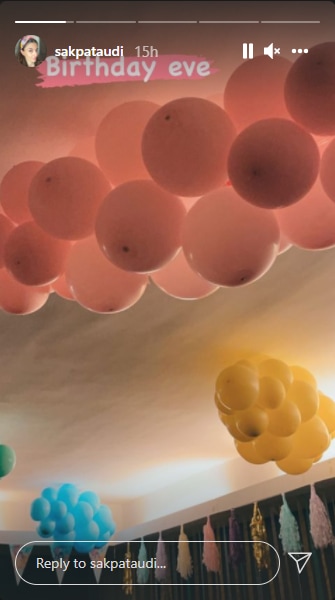 In the first picture, Soha Ali Khan gave a peek of a room decorated with tassels and balloons of different colours.