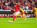 Benfica's Darwin Nunez scores the opening goal during a Group E Champions League soccer match between Benfica and Barcelona at the Luz stadium in Lisbon, Portugal, Wednesday, Sept. 29, 2021. Benfica's Darwin Nunez scores the opening goal during a Group E Champions League soccer match between Benfica and Barcelona at the Luz stadium in Lisbon, Portugal, Wednesday, Sept. 29, 2021.
