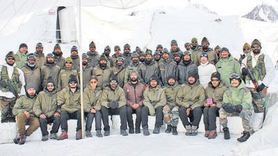 The Divyang trekkers at the Kumar Post, which is at an altitude of 15,632 ft. It took the team five days to reach Kumar Post from the Siachen base camp. (HT PHOTO) The Divyang trekkers at the Kumar Post, which is at an altitude of 15,632 ft. It took the team five days to reach Kumar Post from the Siachen base camp. (HT PHOTO)