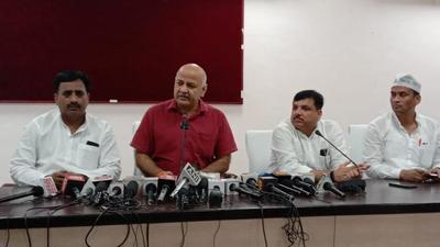 Delhi’s deputy chief minister Manish Sisodia addressing a press conference in Prayagraj on Thursday. (HT photo)