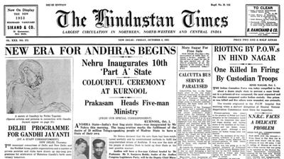HT This Day: October 2, 1953 — New era for Andhras begins HT This Day: October 2, 1953 — New era for Andhras begins