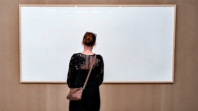 A woman looks at an art installation titled "Take the Money and Run" by Danish artist Jens Haaning at the Kunsten Museum of Modern Art, in Aalborg, Denmark. (via REUTERS)
