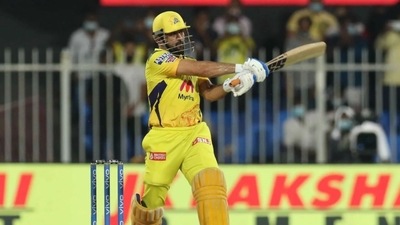 CSK captain Dhoni playing a shot during IPL 2021 match 44 between Sunrisers Hyderabad and Chennai Super Kings (iplt20.com)