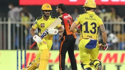 Ruturaj Gaikwad, Faf du Plessis taking a quick single during IPL 2021 match 44 between Sunrisers Hyderabad and Chennai Super Kings (iplt20.com)