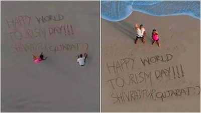 On World Tourism Day, Milind Soman took to his Instagram handle to share a few photos with his wife Ankita Konwar from a beautiful beach in Gujarat. (Instagram/@milindrunning) On World Tourism Day, Milind Soman took to his Instagram handle to share a few photos with his wife Ankita Konwar from a beautiful beach in Gujarat. (Instagram/@milindrunning)