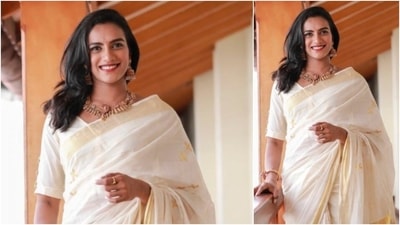 For Makar Sankranti 2021, P V Sindhu opted for a stunning traditional white and golden saree. (Instagram/@pvsindhu1) For Makar Sankranti 2021, P V Sindhu opted for a stunning traditional white and golden saree. (Instagram/@pvsindhu1)