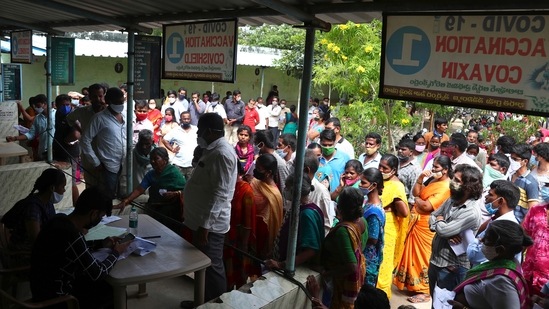 People assemble to register themselves to get inoculated against Covid-19 in Hyderabad on Thursday. (AP) People assemble to register themselves to get inoculated against Covid-19 in Hyderabad on Thursday. (AP)