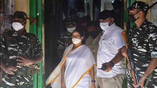 West Bengal chief minister Mamata Banerjee comes out of a polling station after casting her vote during Bhabanipur bypoll on Thursday. (PTI)