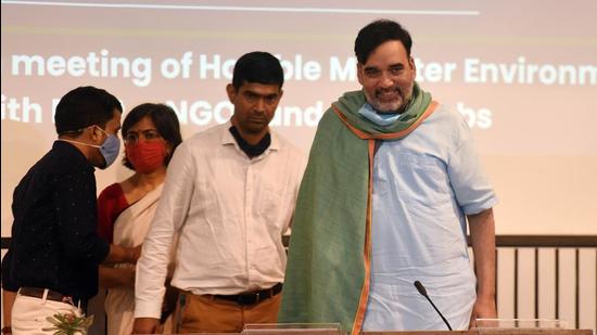 Delhi environment minister Gopal Rai took suggestions from the residents on ways to improve the pollution control measures being undertaken by the Delhi government. (Raj K Raj/HT Photo)