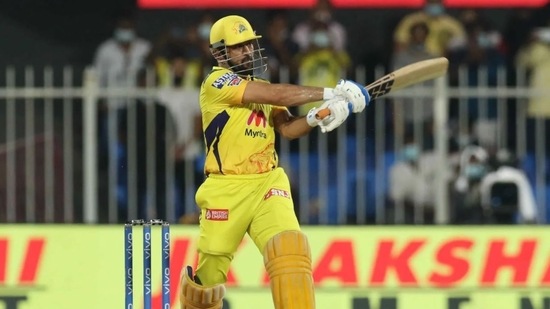 CSK captain Dhoni playing a shot during IPL 2021 match 44 between Sunrisers Hyderabad and Chennai Super Kings(iplt20.com)