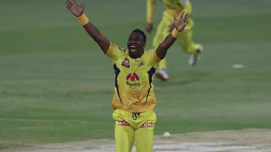 All-rounder Dwayne Bravo celebrates a wicket during IPL 2021 match 44 between Sunrisers Hyderabad and Chennai Super Kings(iplt20.com)