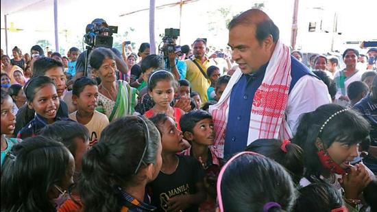 Assam Chief Minister Himanta Biswa Sarma meets children of an Anganwadi Kendra during his visit to Behali in Sonitpur on Wednesday. (ANI PHOTO.) Assam Chief Minister Himanta Biswa Sarma meets children of an Anganwadi Kendra during his visit to Behali in Sonitpur on Wednesday. (ANI PHOTO.)