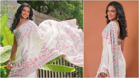 P V Sindhu grabbed eyeballs when she posed in a gorgeous white saree by designer Manish Malhotra.(Instagram/@pvsindhu)