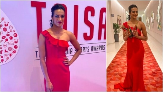 P V Sindhu looked drop-dead gorgeous in this red one-shoulder gown which she wore for an award show.(Instagram/@pvsindhu1)