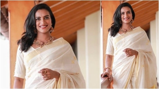 For Makar Sankranti 2021, P V Sindhu opted for a stunning traditional white and golden saree.(Instagram/@pvsindhu1)