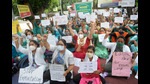 After receiving termination letters, the outsourced staff staged a protest at Government Multi-Speciality Hospital in Sector 16, Chandigarh, on Friday. (HT FILE PHOTO) After receiving termination letters, the outsourced staff staged a protest at Government Multi-Speciality Hospital in Sector 16, Chandigarh, on Friday. (HT FILE PHOTO)