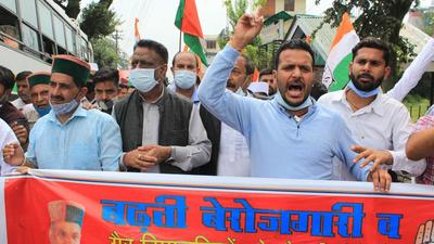 HP Congress president Kuldeep Singh Rathore leading a march in Dharamshala on Friday. (HT Photo) HP Congress president Kuldeep Singh Rathore leading a march in Dharamshala on Friday. (HT Photo)