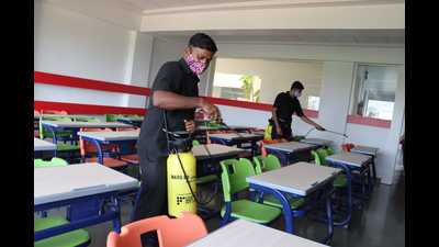 A classroom of a school in Kalyan is being sanitised on Friday. Schools in MMR prepare for October 4 reopening. (RISHIKESH CHOUDHARY/HT PHOTO)