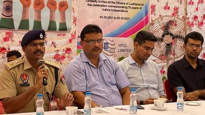 Municipal corporation officials during an exhibition of the Integrated Command & Control Centre Project at Police Lines in Ludhiana on Friday. The exhibition is being organised by being organised by Ludhiana Smart City Limited. (HT PHOTO)