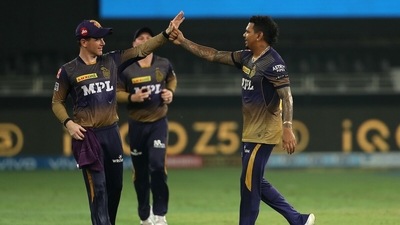 Aiden Markram (18) and Deepak Hooda (3) were dismissed by Sunil Narine and Shivam Mavi, respectively, as KKR did not allow PBKS to run away with the game. (BCCI/IPL) Aiden Markram (18) and Deepak Hooda (3) were dismissed by Sunil Narine and Shivam Mavi, respectively, as KKR did not allow PBKS to run away with the game. (BCCI/IPL)