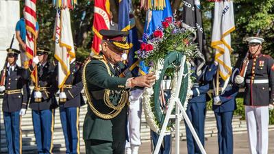 An armed forces full honour arrival ceremony and an armed forces full honour wreath ceremony held in honour of Indian Chief of Defence Staff General Bipin Rawat, in Washington on Friday. (ANI)