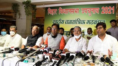 The ruling National Democratic Alliance (NDA) in Bihar on Friday announced its candidates for bypolls for Kusheshwarsthan and Tarapur assembly seats. (Santosh Kumar /HT PHOTO) The ruling National Democratic Alliance (NDA) in Bihar on Friday announced its candidates for bypolls for Kusheshwarsthan and Tarapur assembly seats. (Santosh Kumar /HT PHOTO)