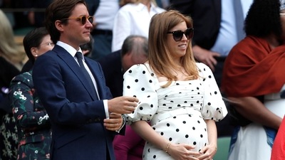 Britain's Princess Beatrice and her husband Edoardo Mapelli Mozzi in the royal box on centre court. (Reuters)