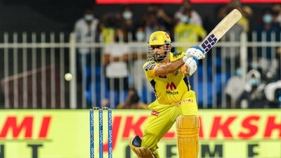 MS Dhoni captain of Chennai Super Kings plays a shot during match 44 of the Indian Premier League between the Sunrisers Hyderabad and the Chennai Super Kings,at the Sharjah Cricket Stadium (PTI)