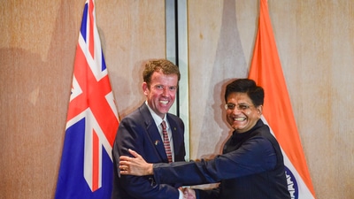 Union commerce and industry minister Piyush Goyal (right) with his Australian counterpart Dan Tehan in New Delhi. (PTI) Union commerce and industry minister Piyush Goyal (right) with his Australian counterpart Dan Tehan in New Delhi. (PTI)