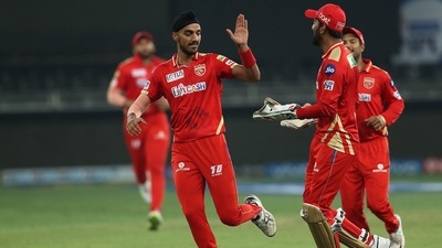 But PBKS' best bowler of the night was Arshdeep Singh, who not only picked up the first wicket but also finished with figures of 3/32 in his 4 overs. (BCCI/IPL) But PBKS' best bowler of the night was Arshdeep Singh, who not only picked up the first wicket but also finished with figures of 3/32 in his 4 overs. (BCCI/IPL)