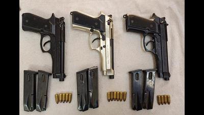 Weapons seized from four associates of Canada-based Khalistan Tiger Force (KTF) operative Arshdeep Singh, alias Arsh Dala, a close aide of KTF’s Canada-based chief Hardeep Singh Nijjar in Moga, Punjab. (HT) Weapons seized from four associates of Canada-based Khalistan Tiger Force (KTF) operative Arshdeep Singh, alias Arsh Dala, a close aide of KTF’s Canada-based chief Hardeep Singh Nijjar in Moga, Punjab. (HT)