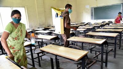 Sanitisation process underway at Shrimati Gendibai Tarachand Chopda high school, Chinchwad, on Friday. Pune schools gear up to reopen from October 4. (HT) Sanitisation process underway at Shrimati Gendibai Tarachand Chopda high school, Chinchwad, on Friday. Pune schools gear up to reopen from October 4. (HT)