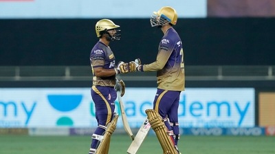 Rahul Tripathi (34) and Venkatesh Iyer stitched an important 72-run stand at the top and played a major role in helping KKR reach 165/7 in 20 overs. (BCCI/IPL) Rahul Tripathi (34) and Venkatesh Iyer stitched an important 72-run stand at the top and played a major role in helping KKR reach 165/7 in 20 overs. (BCCI/IPL)