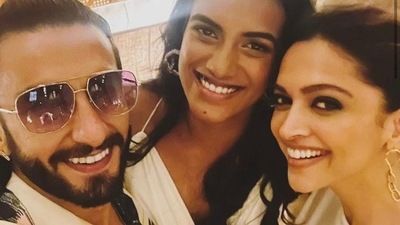 Ranveer Singh's selfie with Deepika Padukone and PV Sindhu. Ranveer Singh's selfie with Deepika Padukone and PV Sindhu.