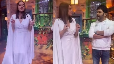 Sonakshi Sinha with Kapil Sharma on sets of The Kapil Sharma Show.&nbsp;