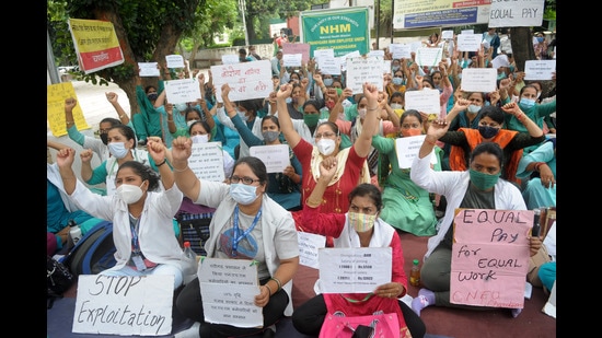 After receiving termination letters, the outsourced staff staged a protest at Government Multi-Speciality Hospital in Sector 16, Chandigarh, on Friday. (HT FILE PHOTO)