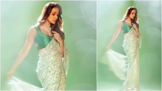 Malaika Arora looked drop-dead gorgeous in this green sequin saree by Manish Malhotra.(Instagram/@malaikaaroraofficial)
