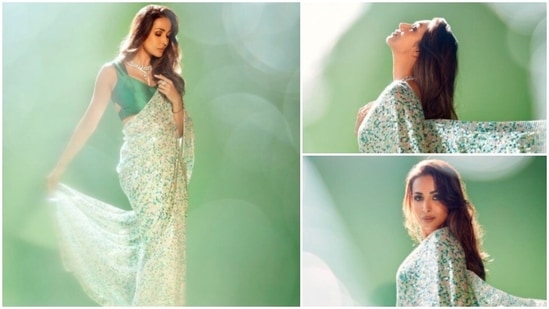 Malaika Arora dropped jaws as she posed in this multi-sequins green saree by ace designer Manish Malhotra.(Instagram/@malaikaaroraofficial)