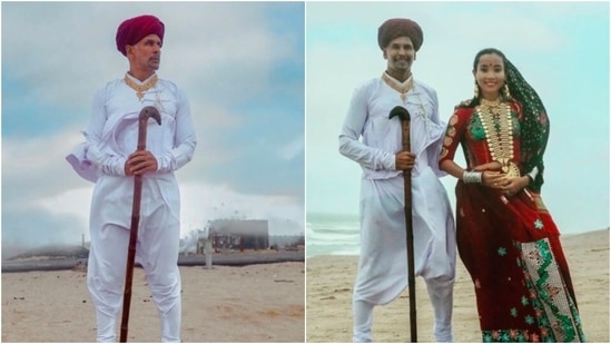Milind Soman and Ankita Konwar dress in traditional Gujarati attire.(Instagram/@milindrunning)